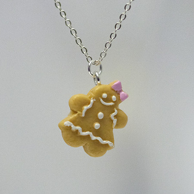 Kawaii Cute Miniature Food Necklaces - Gingerbread Cookies Pink Bow With Sterling Silver Chain