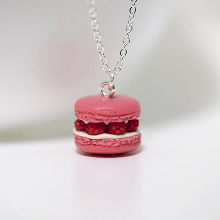Kawaii Cute Miniature Food Necklaces - Raspberry Macaron With Sterling Silver Chain