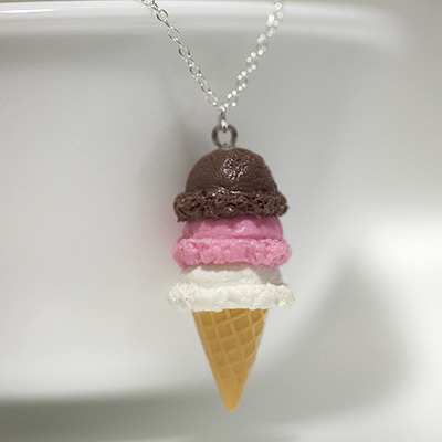 Kawaii Cute Miniature Food Necklaces - Neapolitan Ice Cream With Sterling Silver Chain