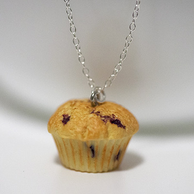 Kawaii Cute Miniature Food Necklaces - Blueberry Muffin With Sterling Silver Chain