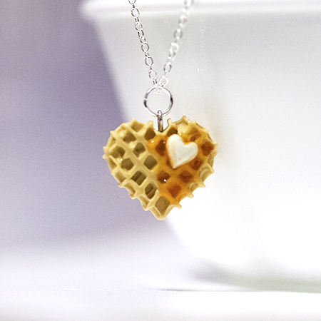 Kawaii Cute Miniature Food Necklaces - Waffle In Heart Shape With Sterling Silver Chain