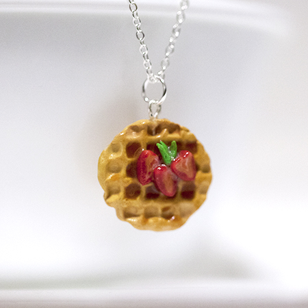 Kawaii Cute Miniature Food Necklaces - Strawberry Waffle With Sterling Silver Chain